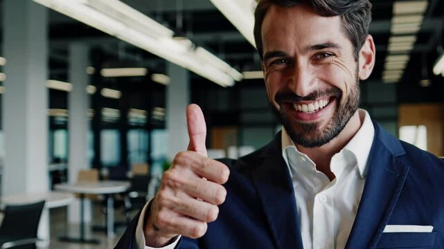 Close-up, eye-level shot of a smiling man in a suit giving a thumbs-up in an office, conveying positivity and success, ideal for a promotional video.