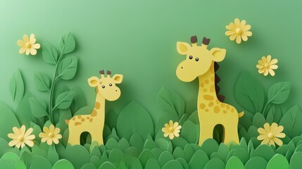 Naklejka premium Adorable papercraft giraffes amidst a vibrant meadow of foliage and blooming florets evoking pure serenity and childlike innocence within a serene verdant scenery