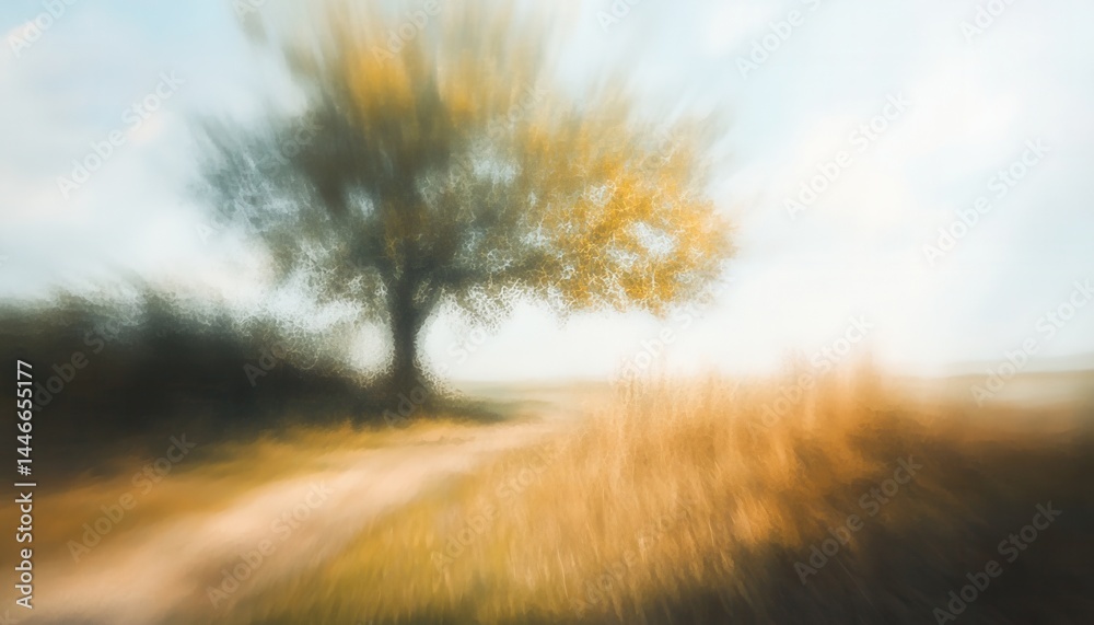 Aufkleber abstract blurred golden tree beside a winding path with sunny sky and rural meadow under motion blur