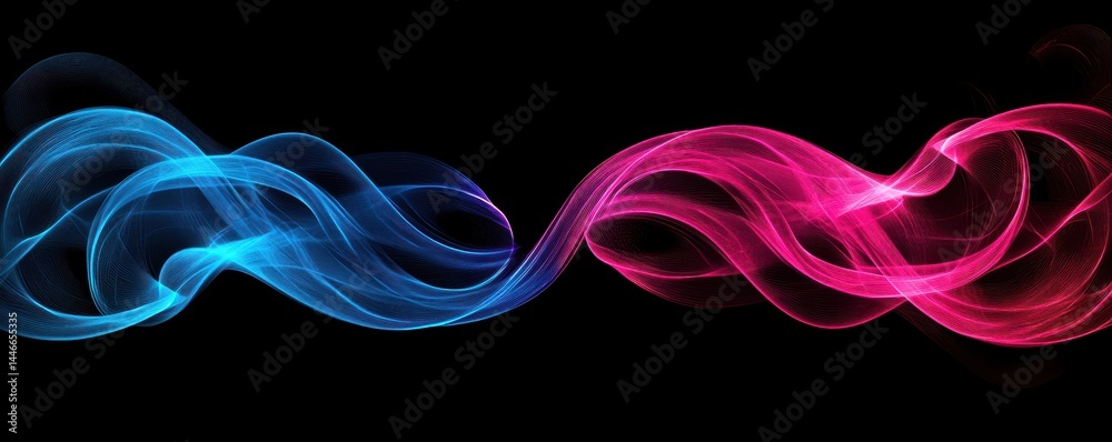 Aufkleber abstract flowing waves of blue and pink light particles on a black background for modern digital des