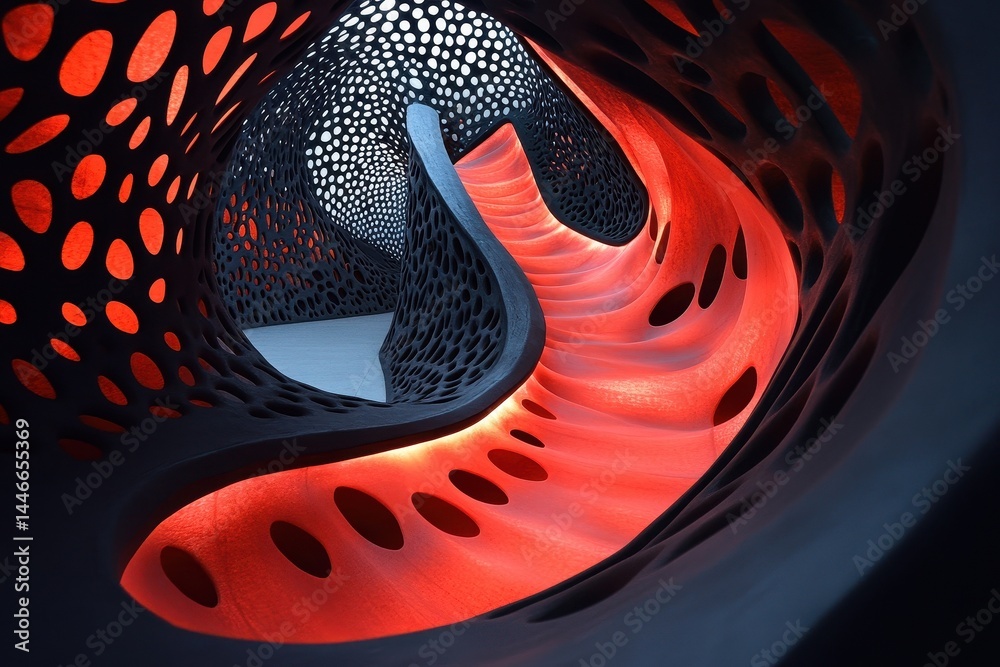 Poster Abstract Futuristic Architecture with Red and Black Geometric Patterns Interior Design with Hollow Curves and Textured Walls