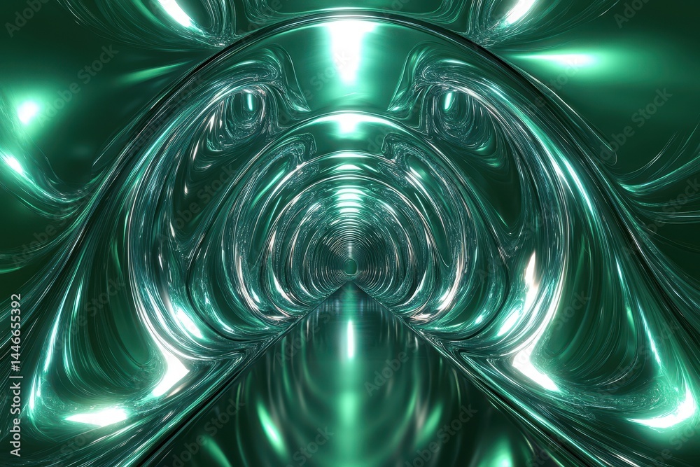 Poster Abstract Futuristic Green Tunnel with Metallic Curves Perspective and Shiny Surface for Modern Art and Technology Rendering