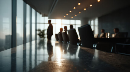 Blurred business meeting in modern office with people sitting around conference table and one person standing near large windows with sunlight shining through