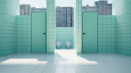 Modern Minimalist Public Restroom with City View