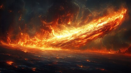 Ethereal celestial firestorm visualization over a dark horizon featuring brilliant explosions of energy and intense luminosity illuminating a cosmic landscape