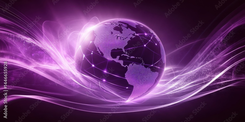 Fototapete abstract purple world globe with glowing particle streams on dark background representing global net