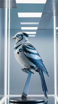Detailed robotic bird perched on stand within a clean lit exhibition space