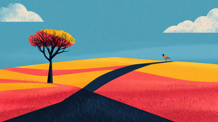 A serene illustration of a golden field landscape with a solitary tree, a bird perched on a path, and fluffy white clouds, offe peaceful wildlife photography.