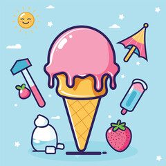 Flat 2D cartoon ice cream cone with a happy melting face. Perfect for summer food designs, dessert illustrations, and hot weather themes.