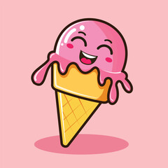 Flat 2D cartoon ice cream cone with a happy melting face. Perfect for summer food designs, dessert illustrations, and hot weather themes.