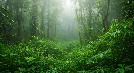 Fototapeta premium A lush, green forest path disappears into the mist. Sunlight filters through the trees, highlighting the vibrant foliage.