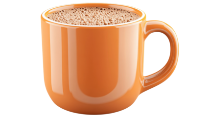 Vivid orange coffee mug, seemingly full of a warm, frothy chocolate beverage, presented against a backdrop of muted colors.  The mug appears smooth and glossy.