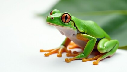 Green tree frog perched on white, vibrant skin, fauna, tree frog