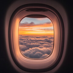 Breathtaking view of fluffy clouds and colorful sunset sky seen through airplane window, creating peaceful and inspiring atmosphere during flight