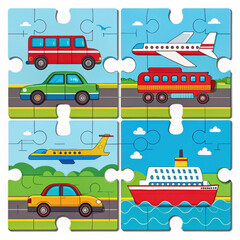 Transportation themed shaped puzzle featuring colorful cartoon vehicles including cars, buses, airplanes, and ship on bright day with blue sky and clouds