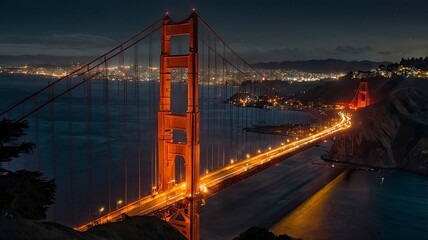 Fototapeta premium View of the Golden Gate Bridge at night illuminated by lights. Seen from the hill