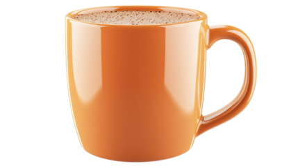 Vibrant orange mug, seemingly full of a hot drink, displayed against a dark background.  The mug's glossy finish and foam top are highlighted.