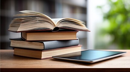 Fototapeta premium A stack of books with an open book on top sits beside a digital tablet on a wooden table, blending traditional and modern reading.