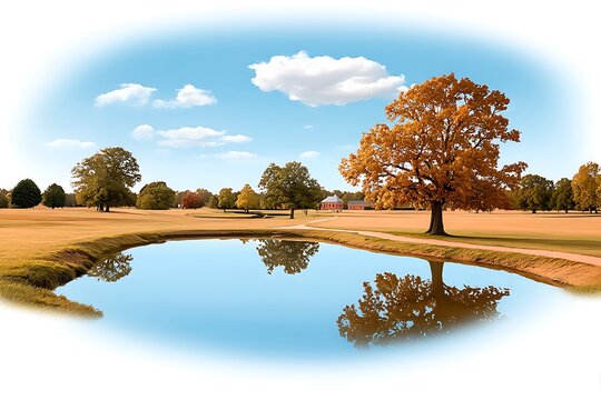 Autumnal Golf Course Serenity Pond with Trees, and House.