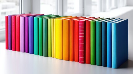 Naklejka premium A row of colorful books arranged in a gradient on a white surface by a window, creating a vibrant and organized look.