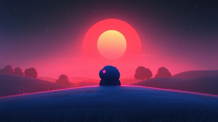 Fototapeta premium Pixelated landscape with vibrant sunset and a solitary figure evoking nostalgia and serene contemplation amidst digital artistry and vibrant color grading