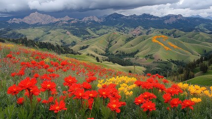 Vibrant wildflower meadows meet majestic mountains vista
