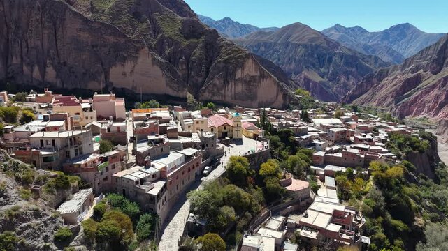 Aerial video of Iruya, a small town in the middle of the mountains. Salta, North of Argentina.