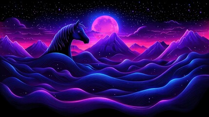 Mystic unicorn silhouette in radiant pixelated landscape a fantastical twilight scene with starry sky moonlit mountains and undulating terrain fantasy art