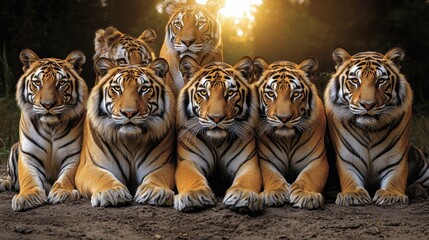 Awe-inspiring group of majestic tigers captured in a wildlife portrait showcasing their striking patterns and powerful presence in their natural habitat