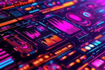 Futuristic data dashboards with vibrant displays and various charts and graphs  Complex information interfaces, displaying numerical data and trends  Dynamic color scheme of orange, pink, and purple