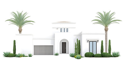 3D Model Front View Of Modern House With Palm Trees, Isolated Background, Exterior Illustration
