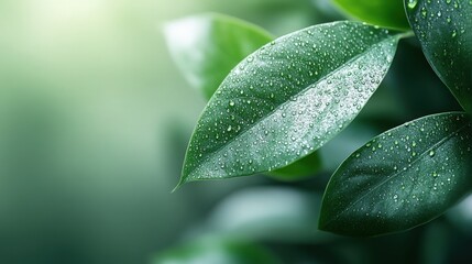 Obraz premium Lush green leaves with delicate water droplets capturing nature's beauty
