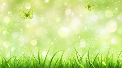 Fototapeta premium Delicate, vibrant green grass, soft bokeh, and two light green butterflies. A serene spring scene