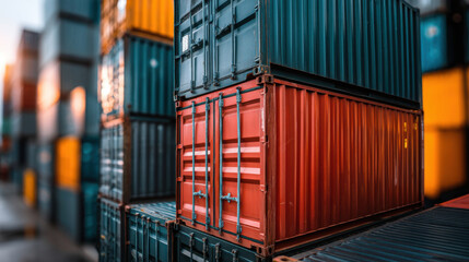 Fototapeta premium Stack of colorful shipping container with red and blue containers in focus and blurred background, industrial cargo storage with vibrant colors and strong sunlight