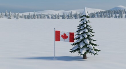 Canadian Flag in Snowy Winter Landscape: A Serene Winter Scene with a Canadian Flag and Snow-Covered Tree