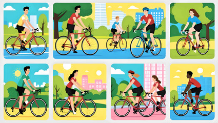 lifestyle background vector. people exercising and cycling in city park