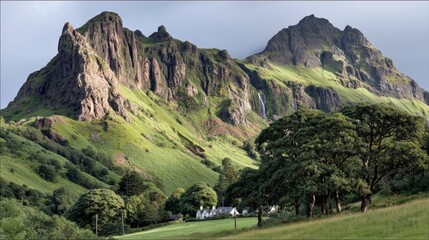 Majestic Mountain Landscape  Waterfall  Green Hills  Rural Cottage  Dramatic Cliffs