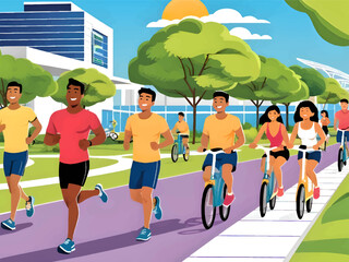 lifestyle background vector. people exercising and cycling in city park