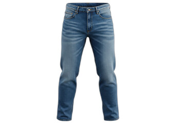 Pair of blue jeans with front pockets and belt loops isolated on transparent background.