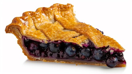 A freshly made slice of blueberry pie with golden crust and juicy filling set against an isolated white background overlay cut out on isolated transparent removed background