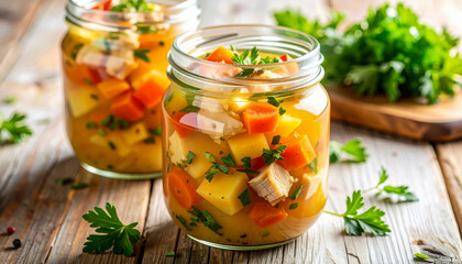 a clear jar of aromatic turkey soup brimming with chunks of turkey, vegetables, and herbs 