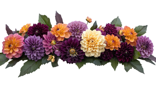 Horizontal image of a colorful flower arrangement featuring various shades of dahlias.  The flowers are arranged in a decorative composition, with contrasting colors and shapes.