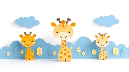 Adorable giraffe family illustration with pixel art style whimsical blue clouds for children's room decor or baby shower invitation design element