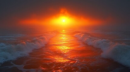 Obraz premium Fiery sunrise over turbulent sea