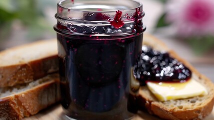 A glass jar of homemade blueberry jam placed next to a slice of bread spread with jam and butter