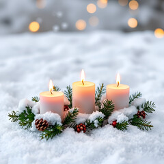 Weihnachtsdekoration mit drei brennenden Kerzen im Schnee - Adventskerzen - dritter Advent