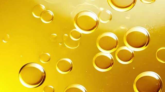 This captivating video showcases a processed collage of golden yellow oil bubbles, creating a rich and textured background ideal for use in banners and advertisements.