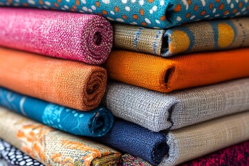 Fototapeta premium Stack of colorful rolled fabrics with various textures and patterns in vibrant colors