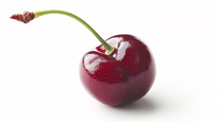 A high resolution close up of a single ripe cherry with a green stem isolated on a pure white background with soft natural shadows overlay cut out on isolated transparent removed background