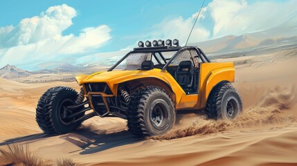Fast yellow off-road vehicle in sandy terrain.